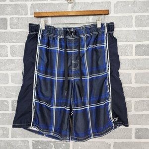 Ocean Pacific Blue Black‎ Plaid Mens Size M Lined Swim Trunks Beach Vacation